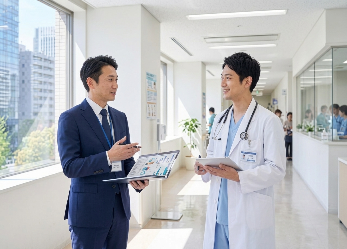 病院内で話す医師と人材紹介担当者