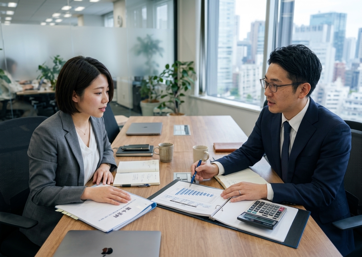 資料を見ながら電卓で計算する打ち合わせ